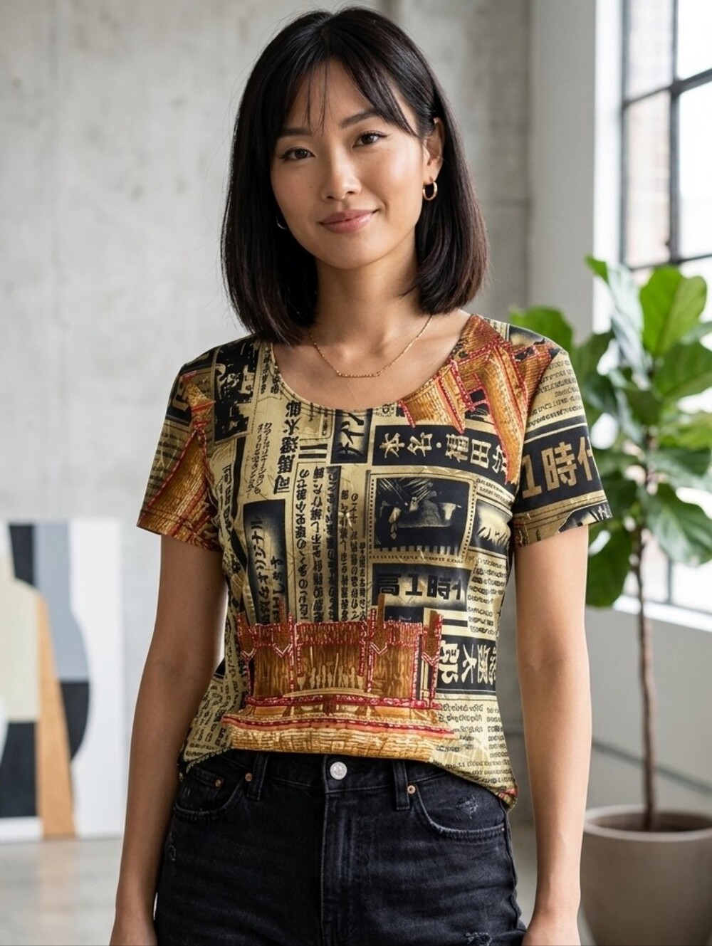 Vintage À La Une Japanese Newspaper Print Top, Graphic Tee, Rare find, M/L